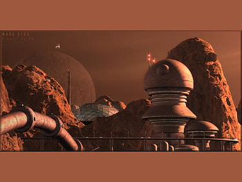 mars 2122, buildings, moon, lights, pipes, mountains, domes HD wallpaper