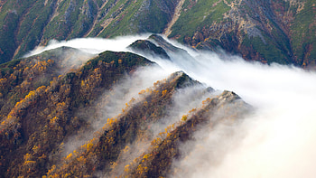 Autumn Colors Of Japanese Alps, mountains, mountain, clouds, green, field, nature HD wallpaper