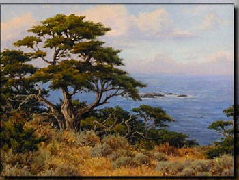 Monterey Cypress 2, sea, art, coast, artwork, scenery, painting, cliffs, seascape, trees, cypress, water, ocean HD wallpaper