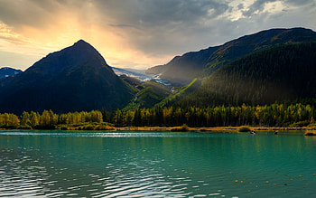 mountain lake, forest, sunset, evening, mountain landscape, beautiful sunset, glacial lake HD wallpaper