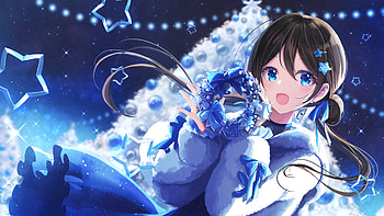 Blue Eyes Anime Girl With Blue White Dress Snow Tree Background Anime Girl HD wallpaper