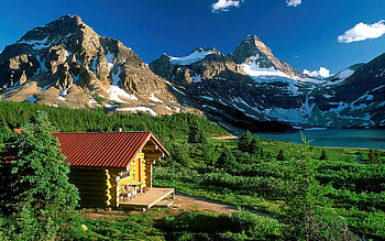 Cabin At Mt Assiniboine Lodge, Alberta, snow, trees, clouds, landscape, sky, canada HD wallpaper