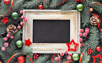 Christmas frame, wood frame, Christmas balls, Happy New Year, Merry Christmas, frame, pine cones HD wallpaper