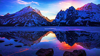 The Grand Tetons at Sunset, sky, mountains, water, usa, wyoming, lake, reflections, snow, clouds, ice HD wallpaper