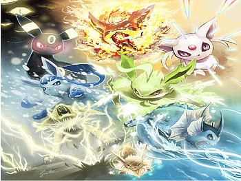 EEVEE REVOLUTION, mystic, eevee, dark, lightning, plant, life, water, fire, ice HD wallpaper