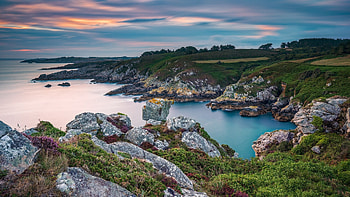 Coastline, Sunrise, Rocks, Fields, Sunset, Sea, Water, Nature, Europe, Ocean, Grass, Shore, Field, Beach, Clouds, Sky HD wallpaper