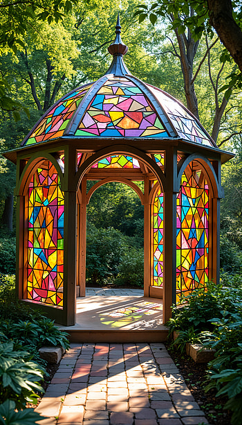Colorful Gazebo: A Serene , stained glass, garden, architecture HD phone wallpaper