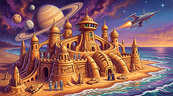 Sandcastle of the Stars —, Spaceship, Beach, Planet, Ocean HD wallpaper