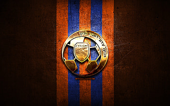Hapoel Ironi Rishon FC, golden logo, Leumit League, orange metal background, football, Israeli football club, Hapoel Ironi Rishon logo, soccer, Hapoel Ironi Rishon HD wallpaper
