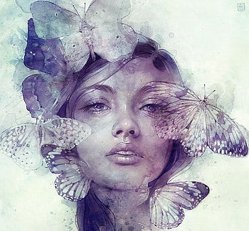 Butterflies, purple, butterfly, fantasy, art, portrait, face, girl, anna dittmann HD wallpaper