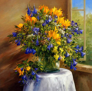 Tao Zaixian. Синие и желтые, still life, bouquet, painting, window, art, flower, vase HD wallpaper