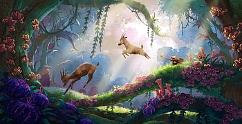 Baby goats, animal, art, sharonhuang, cute, goat, fantasy, green, deer, luminos, forest HD wallpaper