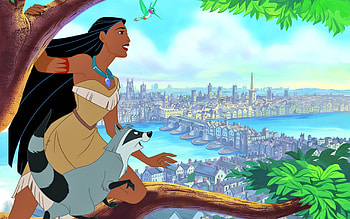 ~The New World~, Pocahontas, raccoon, movie, London, hummingbird, water, Meeko, city, beautiful, tree, Flit, Native American, Disney, view, clouds, sky, princess HD wallpaper