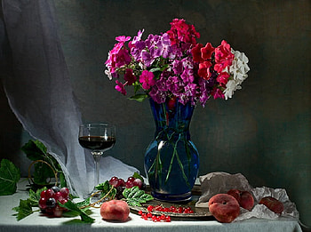 Fruit and wine, wineglass, plate, colors, vase, peaches, berries, flowers, wine HD wallpaper