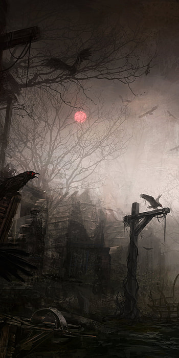 In the Shadow of the Demon Temple, raven, gothic, dark, town, video game, Dark Gaming HD phone wallpaper