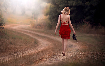 A Walk on a Country Road, model, dress, blonde, sunset HD wallpaper