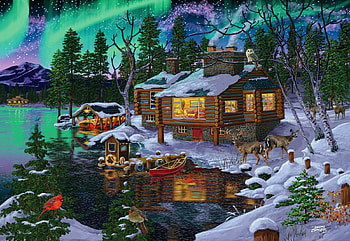 Northern lights Cabin, aurora, snow, winter, painting, trees, forest, lake HD wallpaper