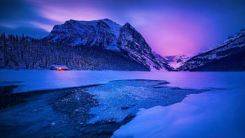 Lake Louise, Banff NP, Alberta, winter, snow, clouds, sky, canada, mountains, ice, sunset HD wallpaper