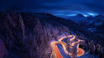 Switchbacks, light, winter, night, snow, landscape, road, mountains HD wallpaper