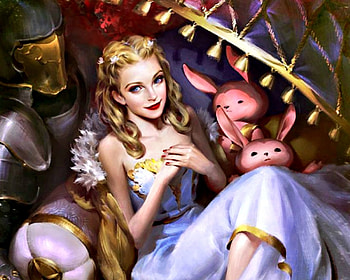 The Lady and the Knight, blonde, art, knight, girl, armor, pink, lady, fantasy, creature HD wallpaper
