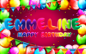 Happy Birtay Emmeline, , colorful balloon frame, Emmeline name, purple background, Emmeline Happy Birtay, Emmeline Birtay, popular american female names, Birtay concept, Emmeline HD wallpaper