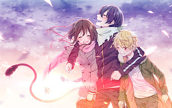 Noragami, Iki Hiyori, Yato, Yukine, Leaves, Happy Moments HD wallpaper
