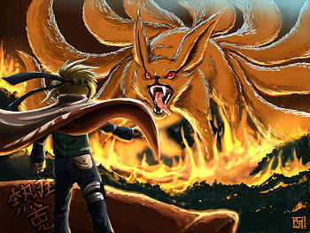 the fight, anime, 9 tails, naruto, fox, fire HD wallpaper
