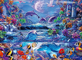 Moonlight,Magic, moon, light, sea, magic, puzlle, jigsaw, mammals HD wallpaper