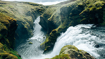 Algae Covered Rocks Waterfall Splashes River Stream Stones Sky Background Nature HD wallpaper