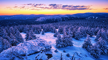 Czech Republic, Jeseniky Mountains, snow, winter, hills, trees, landscape, forest, sunrise HD wallpaper
