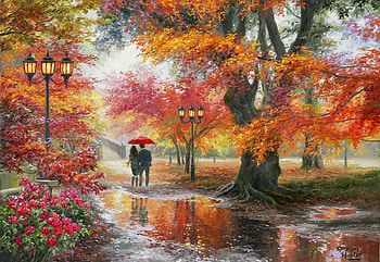Walking in the rain, artwork, umbrella, painting, r, trees, park HD wallpaper