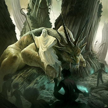 Forest Priest and the Natives, priest, cg, fantasy, art, digital art, grim, forest, death HD wallpaper