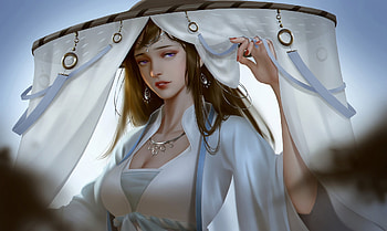 Princess, hat, white veil, blue, fantasy, asian, girl HD wallpaper