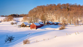 Jenne Farm, Reading, Vermont, snow, barn, house, landscape, trees, sky, usa HD wallpaper