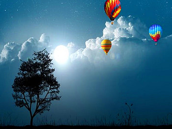 The sky is mine, mist, blue sky, balloons, moonlight, clouds, flight, stars, tree HD wallpaper