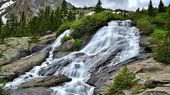 Waterfall created by snowmelt in Colorado, hills, landscape, trees, rocks, usa HD wallpaper