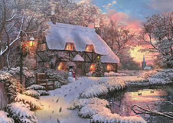 Lakeside Cottage, snowman, snow, christmas, Cottage, church, water, lake, tree HD wallpaper