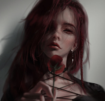 Shadow, rose, wlop, art, fantasy, face, girl, earring, dark, jewel HD wallpaper