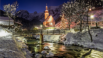 winter night, night, river, berchtes gaden, lights, snow, church, briedge HD wallpaper