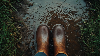 Rainy Day Adventure: Brown Boots in Puddle, rain boots, boots, puddle, rain, grass HD wallpaper
