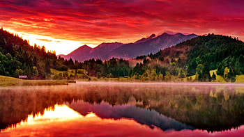Mountain sunset, river, colorful, lakeshore, glow, colors, serenity, tranquil, nice, quiet, reflection, amazing, calm, sunset, sundown, house, beautiful, lake, mountain, cabin, mirrored, pretty, nature, riverbank, lovely HD wallpaper