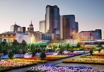 Country in the city, buildings, walkways, sky scrapers, flower beds, city, trees, colors HD wallpaper