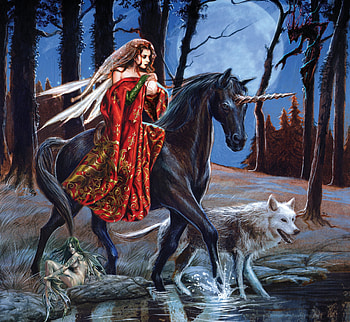 Forest friends, night, blue, animal, horse, girl, wolf, fairy, moon, fantasy, red, unicorn, luna, lup, forest HD wallpaper