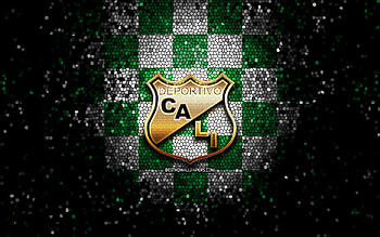 Deportivo Cali FC, glitter logo, Categoria Primera A, green white checkered background, soccer, colombian football club, Deportivo Cali logo, mosaic art, football, Deportivo Cali, Asociacion Deportivo Cali HD wallpaper