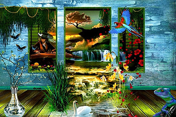 Through the Window, nature, birds, window, painting HD wallpaper