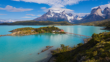 Chilean landscape of mountains, lake and island, Chile, Bridge, Lake, Landscape, Island, Mountains HD wallpaper