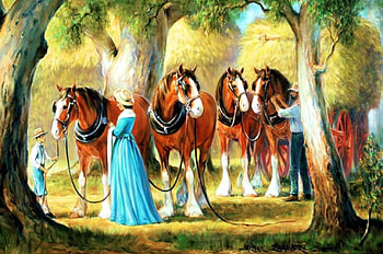 Harvest Finishing, artwork, horses, painting, family, cart HD wallpaper