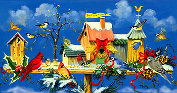 Birdtown express, colorful, birds, fun, cozy, nice, painting, cardinals, art, house, express, beautiful, birdtown, pretty, branches, sky, joy, lovely, home HD wallpaper