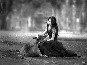 Girl w Deer, , black and white HD wallpaper