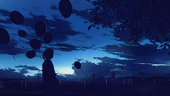 To Be Happy, alone, sky, night, balloon, anime, artist, artwork, digital-art, pixiv HD wallpaper